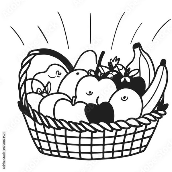 Fototapeta Basket of Fruity Delights: A cheerful illustration presents a charming woven basket overflowing with an assortment of vibrant fruits, each radiating freshness and natural sweetness.