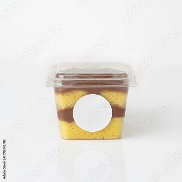 Fototapeta Cake in a jar with white round sticker on white background, front view