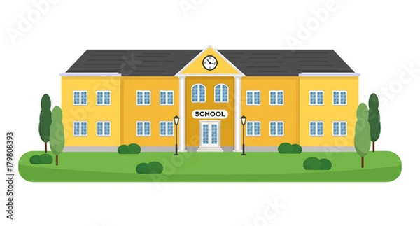 Obraz Big School building with trees, shrubs and lampposts vector illustration. Can be used for web banner, backdrop. Layout template.