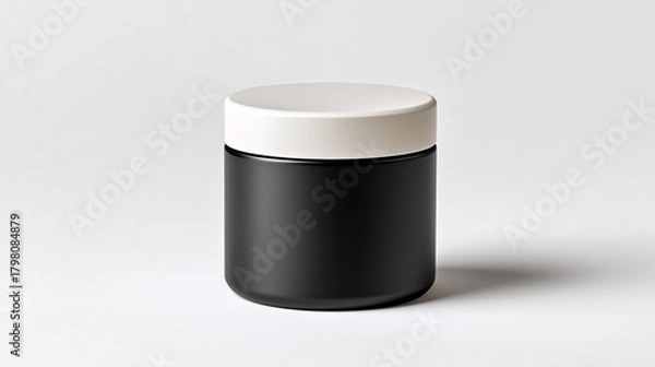 Obraz Photo of minimalist black cylindrical cosmetic jar with matte white lid on seamless white background