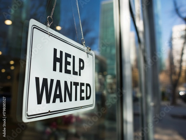 Fototapeta Help wanted sign hanging in a shop window indicating job openings during daytime in an urban setting