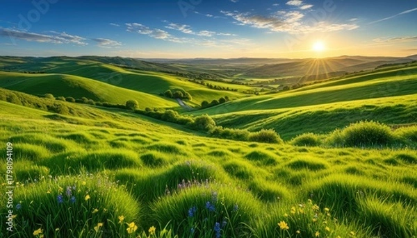 Obraz Rolling Hills at Sunset: Vibrant Green Landscape with Wildflowers and Dramatic Sky - Scenic Countryside View