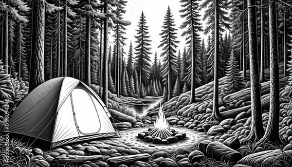 Fototapeta Serene Forest Camping Scene: Black and White Woodcut Style Tent & Campfire - Outdoor Adventure & Wilderness Escape