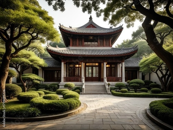 Obraz Serene Japanese Temple Garden: Traditional Architecture, Lush Greenery, Peaceful Landscape Photography for Zen and Tranquility