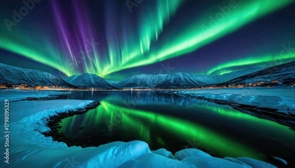 Fototapeta Spectacular Northern Lights Display Over Snowy Mountains and Reflective Water - Aurora Borealis in Winter Landscape