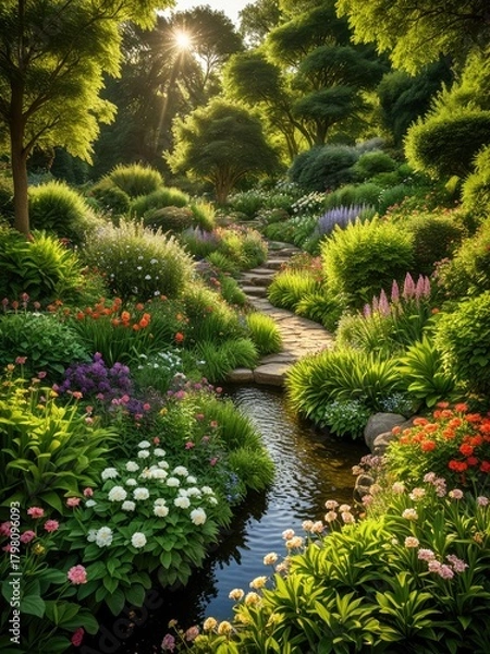 Obraz Serene Garden Path: A Lush, Sun-Drenched Landscape of Blooms and Tranquility - Perfect for Nature Photography