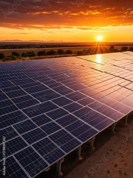 Fototapeta Solar Panel Field at Sunset: Renewable Energy Landscape with Golden Hour Glow and Sustainable Power Generation