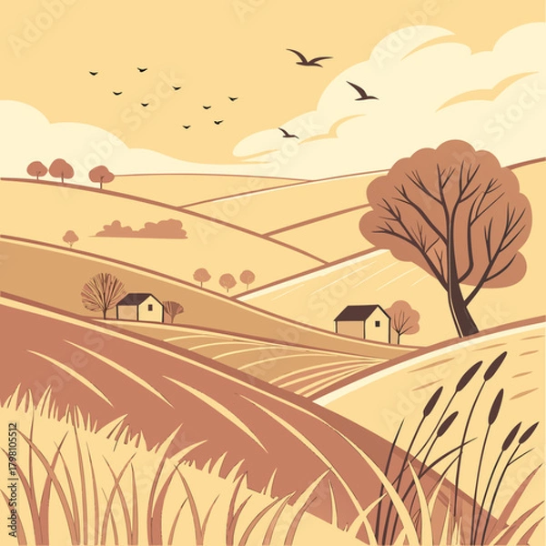 Fototapeta Illustration of a rural landscape with rolling hills houses trees and birds in a sepia color scheme