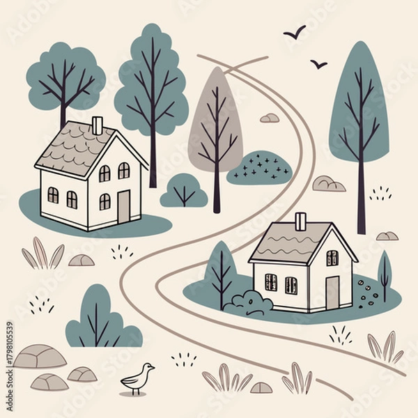 Fototapeta Illustration of two houses along a winding path with trees and a bird in a serene landscape view