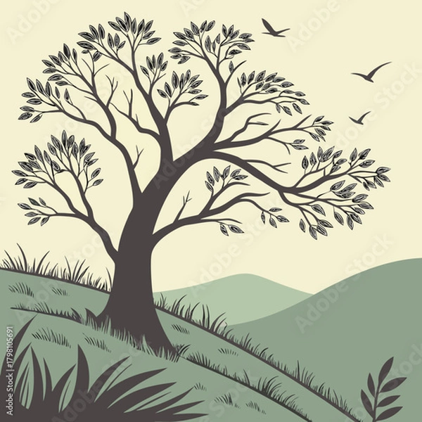Obraz Illustration of a large tree with leaves on a hillside with birds flying in the background landscape