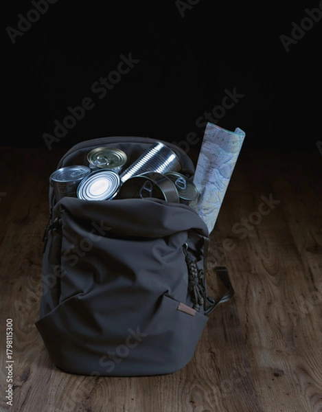 Fototapeta A backpack is full of cans and a map. The backpack is on a wooden floor. Ready for the budget trip