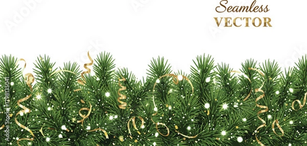 Obraz Festive Christmas Border Spruce Branches with Golden Ribbons and Delicate Snowflakes for Holiday Decor