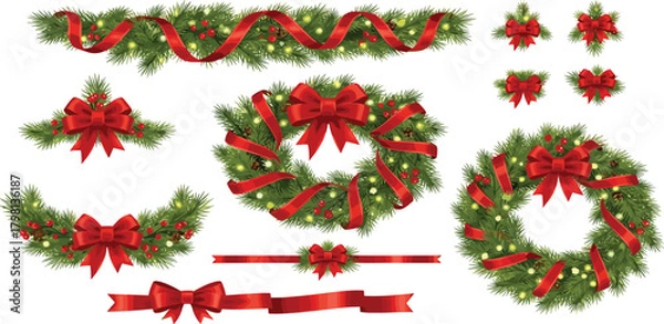 Obraz A festive collection of realistic Christmas decorations including evergreen wreaths, garlands, and vibrant red bows with glowing lights