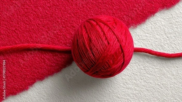 Fototapeta Red ball of yarn is sitting on a white background. The red color of the yarn contrasts with the white background, creating a sense of warmth and coziness. The image evokes feelings of comfort