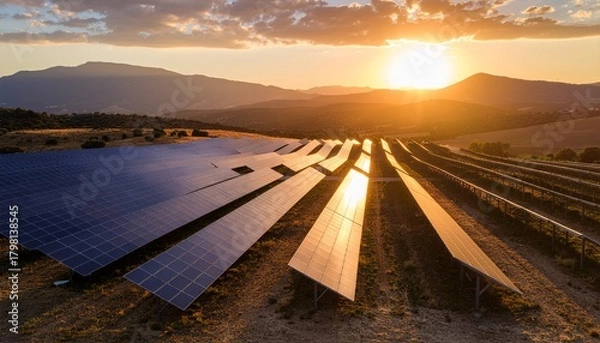 Fototapeta A large solar field stretching across rolling hills at sunset, golden light reflecting off panels, symbolizing the future of sustainable energy landscapes.