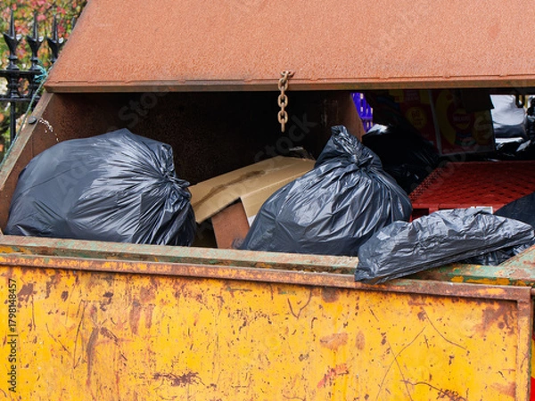 Fototapeta Rubbish and garbage in skip for disposal at dump site