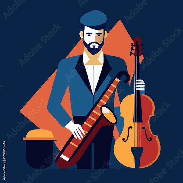 Fototapeta Stylized musician with saxophone and cello in geometric design