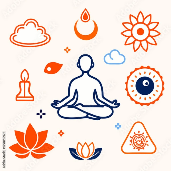 Obraz Meditating figure surrounded by spiritual and nature symbols in orange and blue