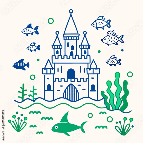 Obraz Whimsical underwater castle scene with fish and seaweed illustration
