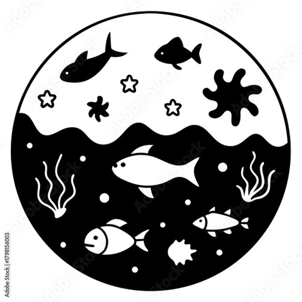 Obraz Whimsical underwater scene with fish and marine life in silhouette