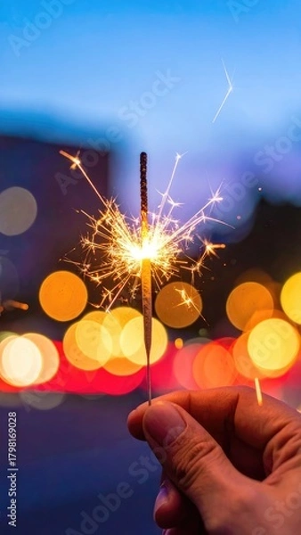 Obraz A hand holding a lit sparkler at dusk with colorful bokeh city lights