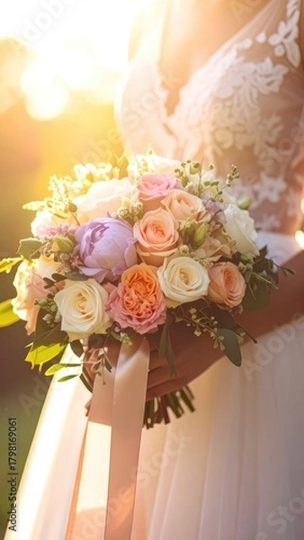 Obraz Bride holding a pastel rose and peony bouquet in glowing golden hour light