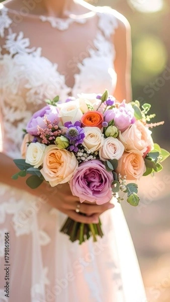 Fototapeta Bride in a lace gown holding a colorful floral bouquet in soft sunlight