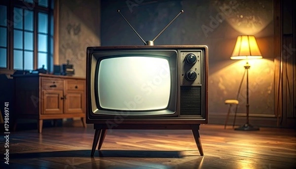 Obraz A retro television glowing in a dimly lit room with vintage furniture
