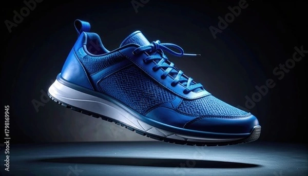 Obraz Blue mesh running shoe with white midsole, floating against a dark background