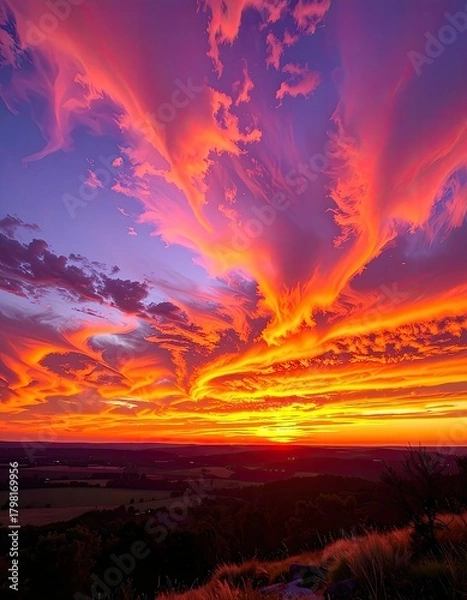 Obraz Vibrant orange and purple clouds ignite the sky over a darkened landscape at dusk