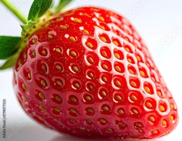 Fototapeta Macro shot of a vibrant, ripe red strawberry with green leaves on a white background