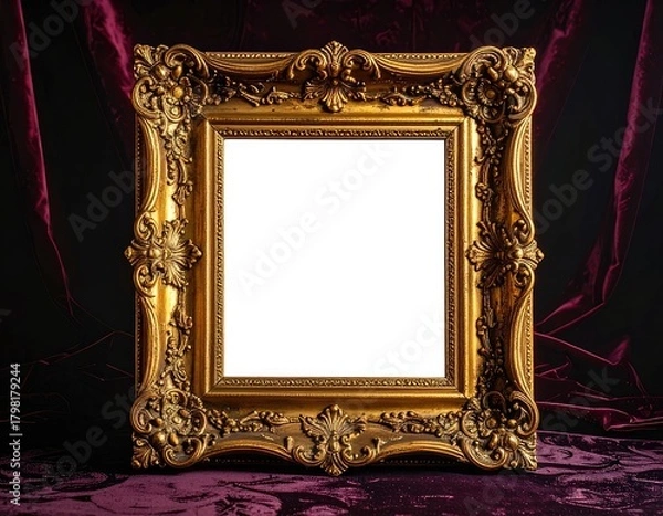 Obraz Ornate gold picture frame with blank center on a rich purple velvet background