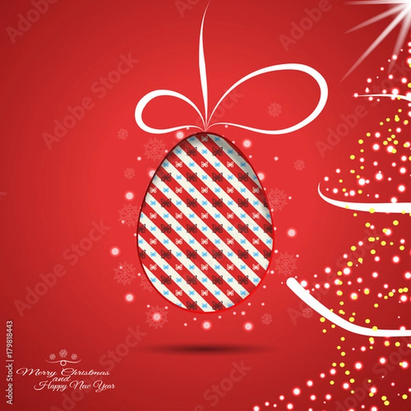 Obraz Vector poster with Christmas tree and egg with butterfly pattern cut from paper with shadow on red gradient background with snowflakes.