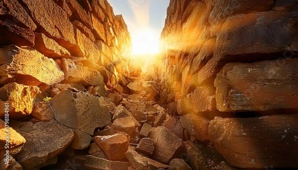 Fototapeta golden light streaming through a broken stone wall