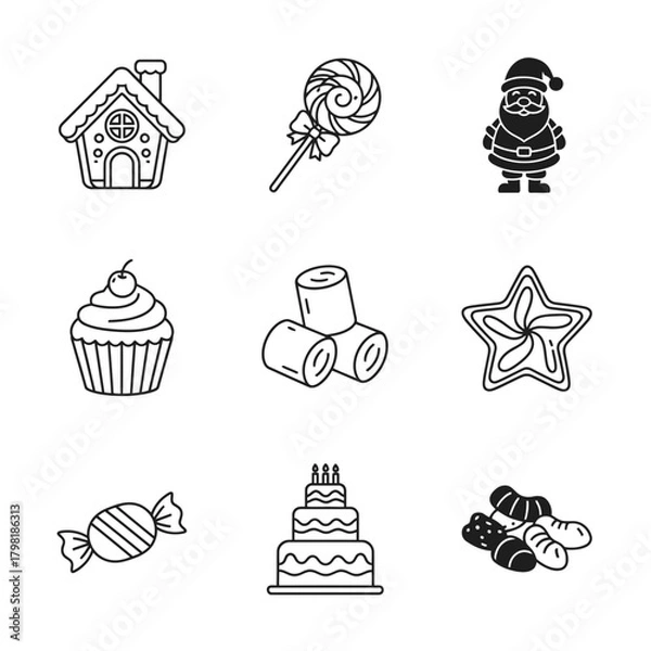 Obraz Christmas-themed icon set featuring festive elements in line art style