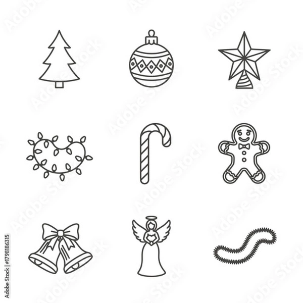 Obraz Christmas icon set featuring tree, ornaments, and gingerbread in line art style