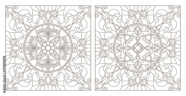 Fototapeta Set contour illustrations of stained glass with abstract swirls and flowers , square image