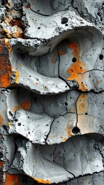 Obraz Abstract closeup of layered gray rock with orange rust, cracks, and texture