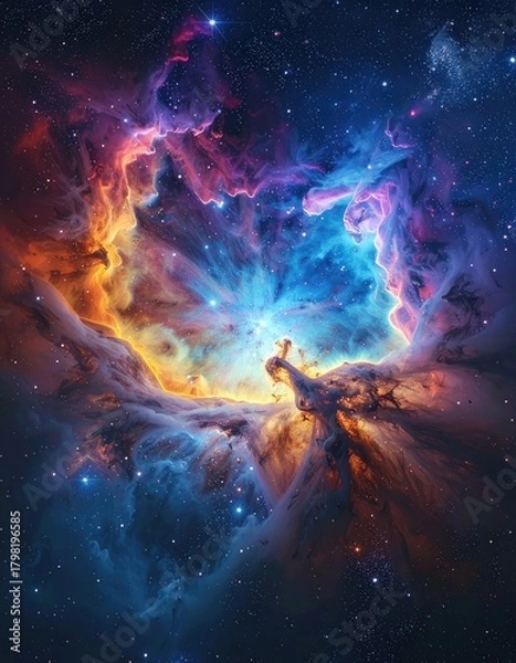 Fototapeta A vibrant cosmic nebula of glowing gas clouds and brilliant stars in deep space