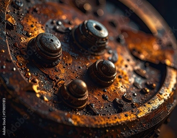Obraz A close-up of a wet, heavily rusted industrial mechanism with bolts and decay