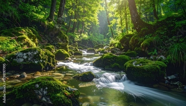 Obraz Sunlit forest stream flows over mossy rocks in a vibrant, green wood