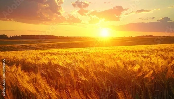 Obraz A golden wheat field glows under a vibrant, warm sunset over rolling hills