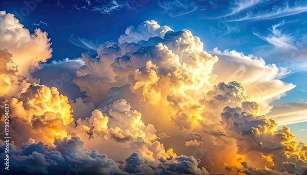Fototapeta Golden sunlight illuminates majestic, billowing clouds against a deep blue sky