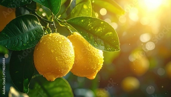 Obraz Two dewy yellow lemons hanging on a branch with green leaves in bright sunlight