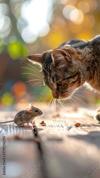 Fototapeta A striped cat curiously watches a small mouse on a sunny wooden surface
