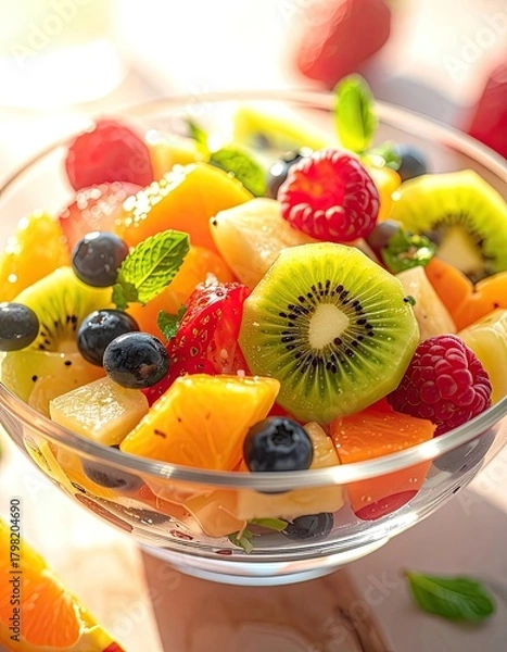 Fototapeta A colorful bowl of fresh fruit salad with kiwi, berries, and mint in sunlight