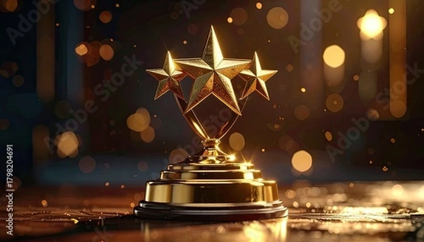 Obraz A golden three-star trophy on a pedestal with a sparkling, blurred background