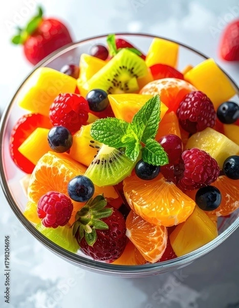 Fototapeta A glass bowl of fresh fruit salad with berries, kiwi, mango, and mint