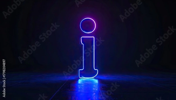 Fototapeta A glowing neon information icon on a dark, wet, reflective floor