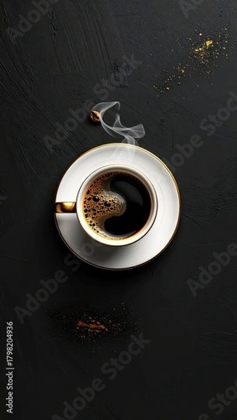 Fototapeta Steaming black coffee in a white and gold cup on a dark, textured background